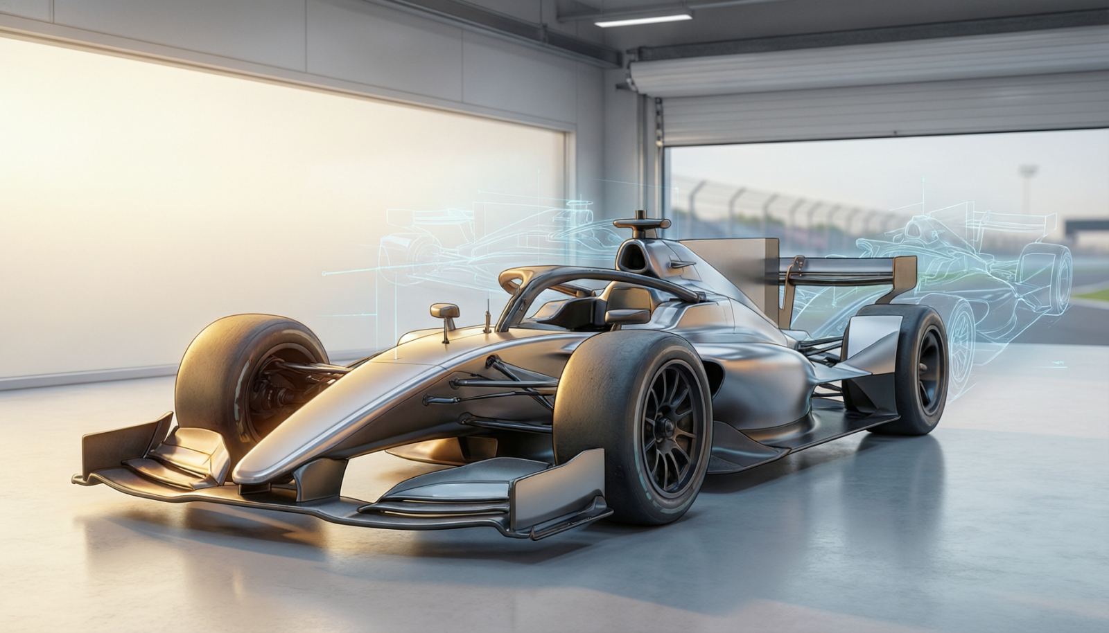 银黑色无标识赛车与维修间构成的F1车队建设AI示意图